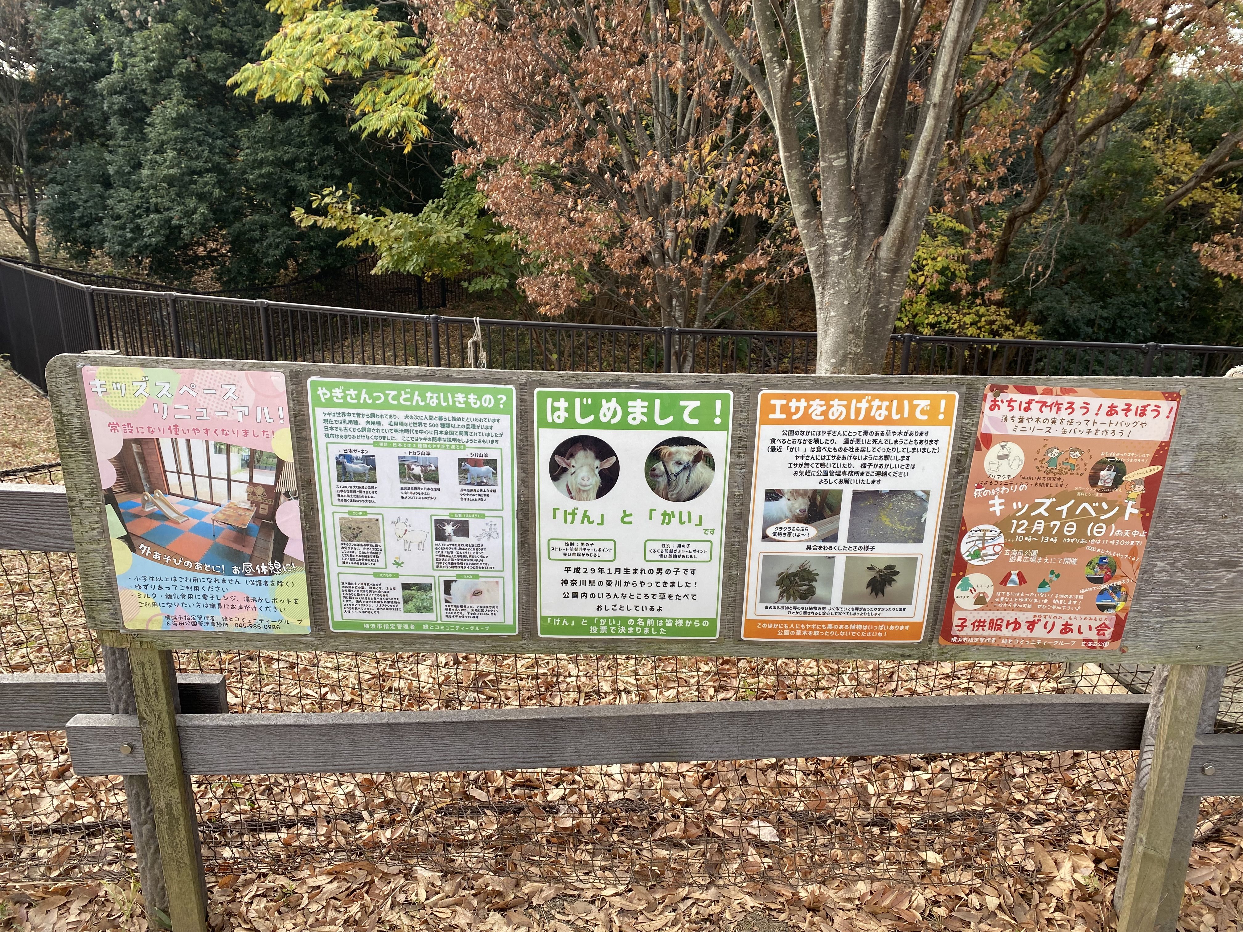 ヤギの紹介や注意事項が書かれたボード